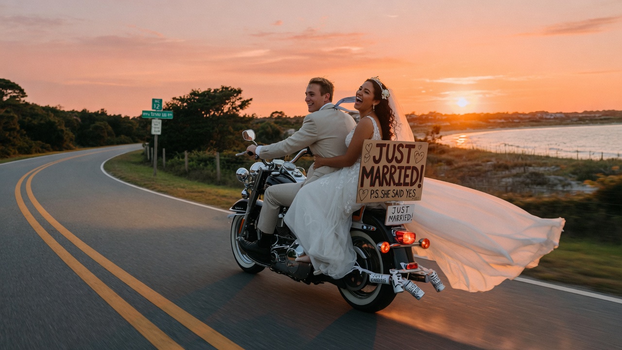 Diego and Elena riding away on a motorcycle with a Just Married sign