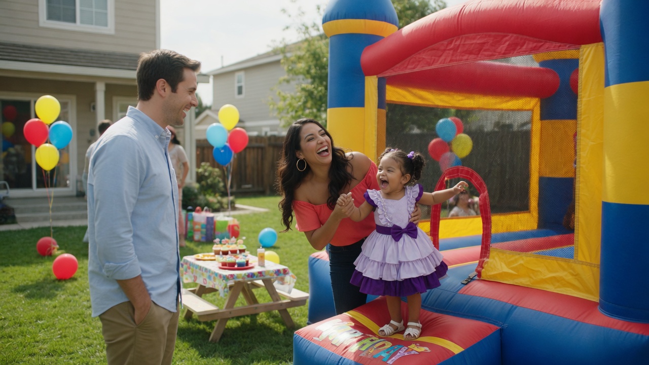 Diego and Elena watching toddler Sofia laugh at a backyard bounce house birthday party