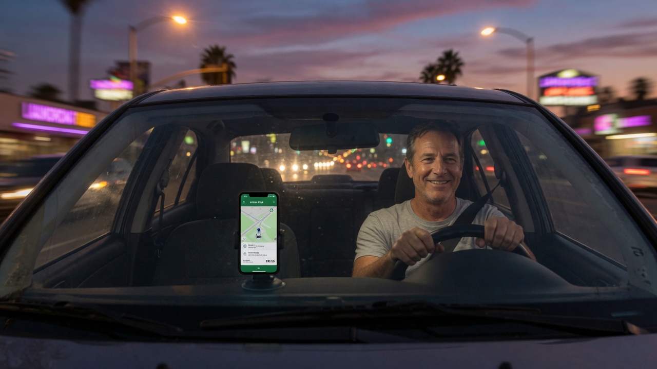 Older Diego driving for a rideshare service at dusk with a phone mounted on the dashboard