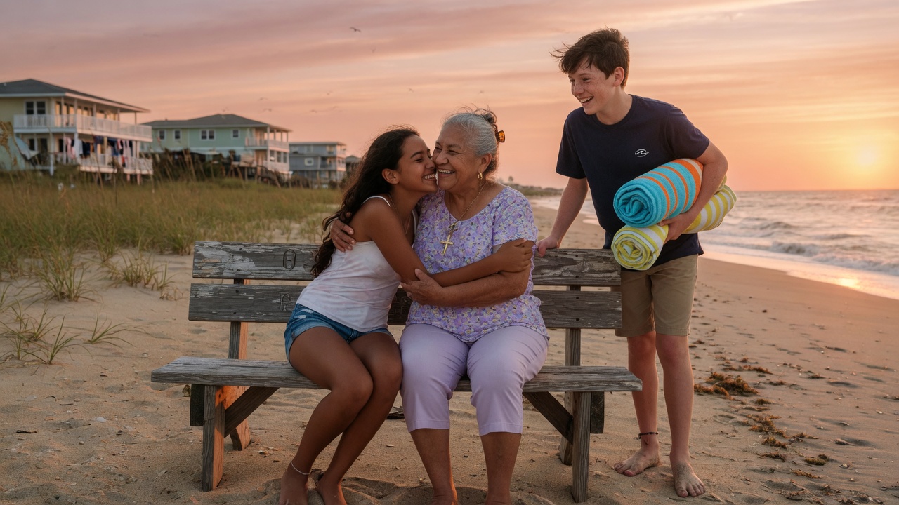 Grandma Elena on the beach with her two teenage grandchildren visiting at sunset
