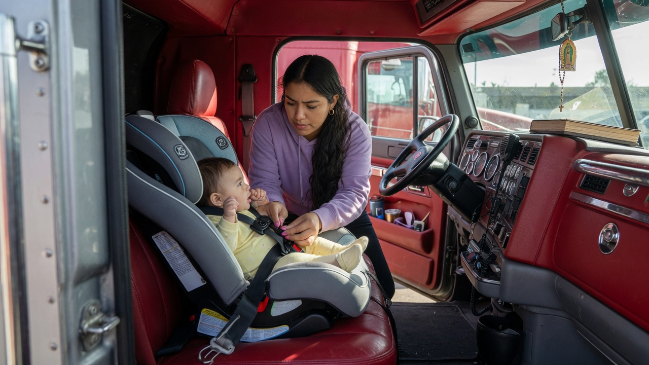 Elena, a Hispanic Latina mother, securing baby daughter Sofia into a car seat inside an 18-wheeler semi truck cab