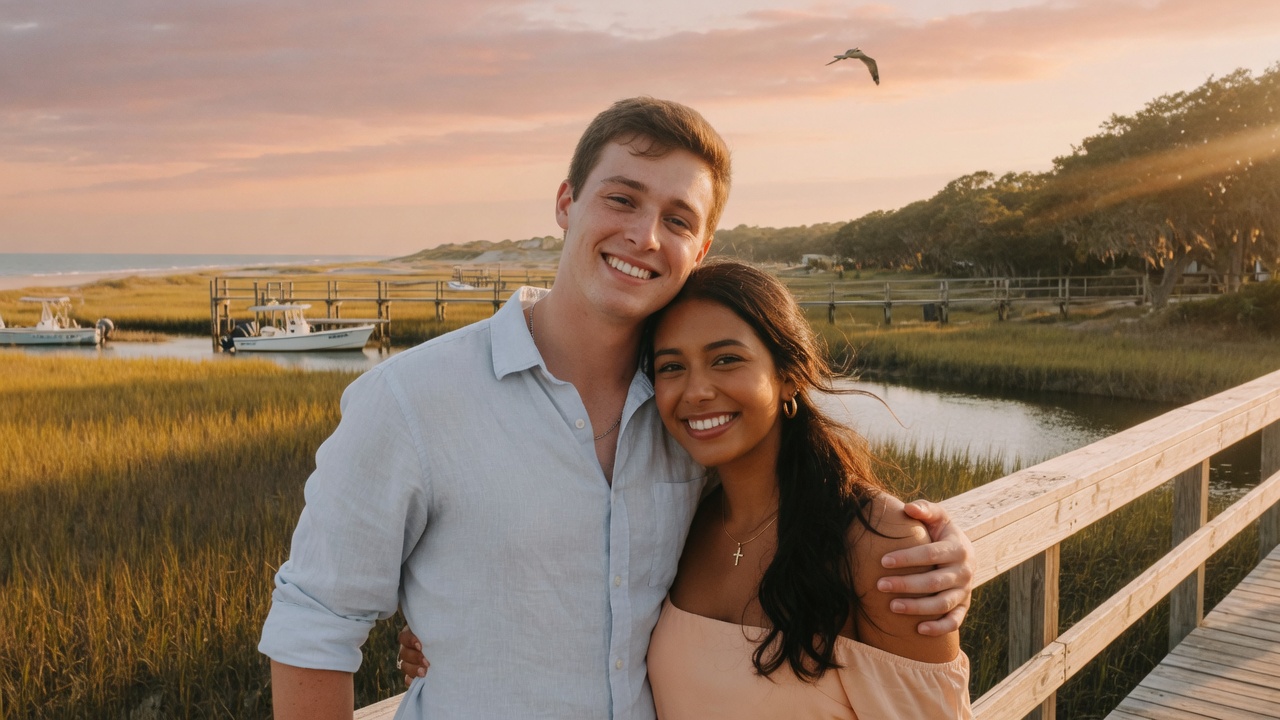 Diego, a young white Caucasian man, and Elena, a Hispanic Latina woman, smiling together — real couple portrait
