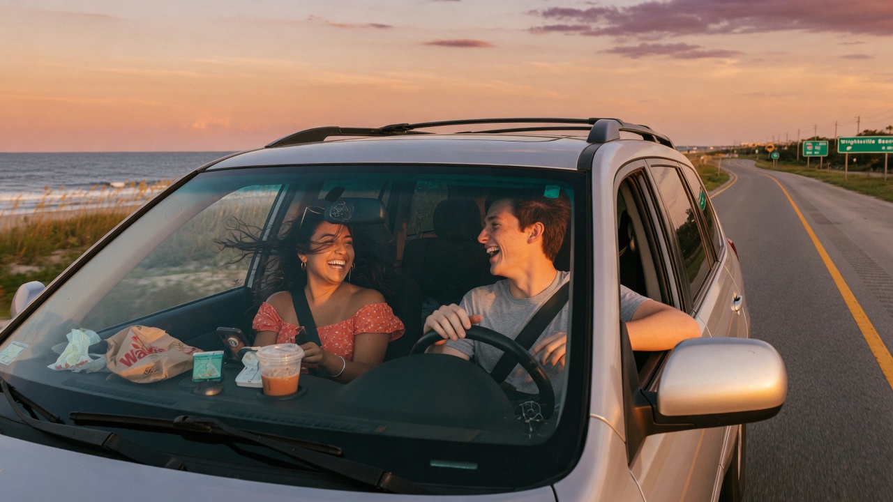 Diego and Elena driving their SUV toward the beach